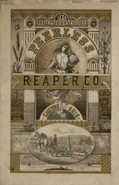 Catalog cover with gold and black ink illustrations. In the center a woman standing on a globe of the earth carries a sheaf of wheat on her shoulder and a hand scythe in her right hand. Below her a man uses a self-raking reaper in a field with two horses.