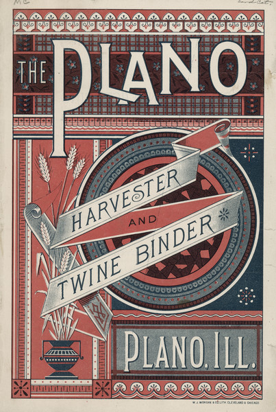 Front cover for the harvester and twine binder, with a color illustration in red and blue ink of various patterns, and a vase holding stalks of wheat.