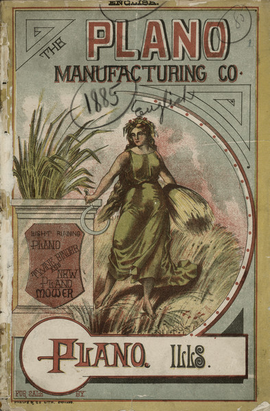 Front cover of catalog featuring a color illustration of a woman carrying a sheaf of wheat under one arm, and holding a hand scythe in the other hand.