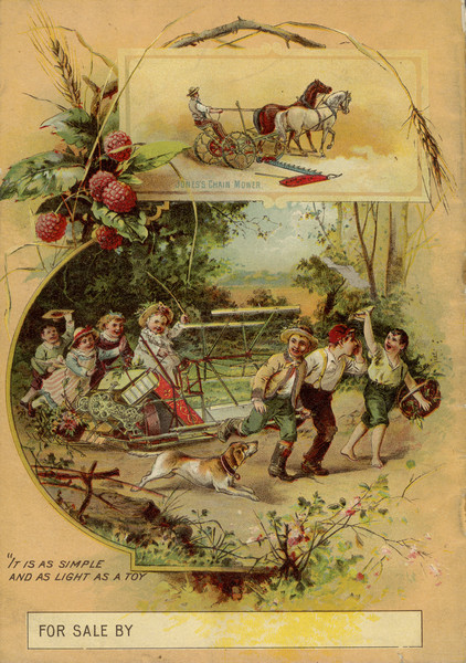 Back cover of catalog featuring a color illustration of children riding on a harvesting machine pulled by three boys. The caption reads: "It is as simple and light as a toy." An inset illustration above is for the "Jones's Chain Mower."
