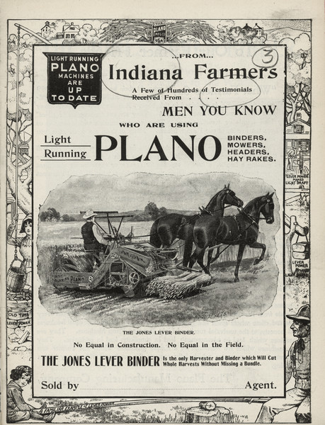 Catalog cover featuring an illustration of a man using a Light Running Plano in a field with two horses. Around the border are illustrations of types of lever power. On the left a woman is using a lever to raise and lower a bucket in a well, titled: "Old Time Lever Power." At the bottom a child and a man sit on each end of a lever balanced on a tree stump like a see-saw, titled: "A Familiar Example of Lever Power." On the right a man uses a hand-pump, titled: "Lever Power Makes Light Draft."
