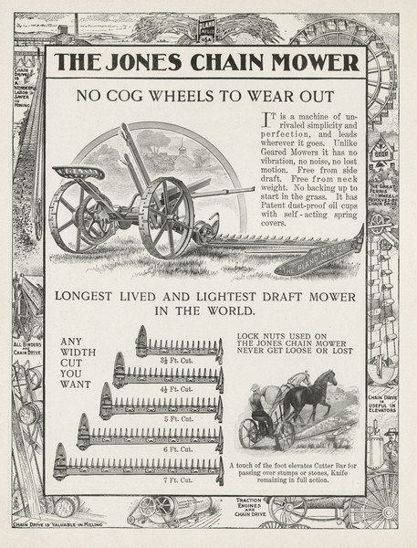 Advertisement from catalog featuring an illustration of the Jones Chain Mower, and a man using it in a field with a team of horses. Around the border are illustrations of chain drives. At top left are mine buildings, titled: "Chain Drive is a Wonderful Labor Saver in Mining." On the left is a binder titled: "All Binders are Chain Drive." On the bottom left are barrels in a mill, titled: "Chain Drive is Valuable in Milling." At the bottom a man tending an engine is titled: "Traction Engines are Chain Driven." On the bottom right is an elevator, title: Chain Drive is Useful in Elevators." Top right is titled: "The Great Ferris Wheel Revolves by Chain Drive."