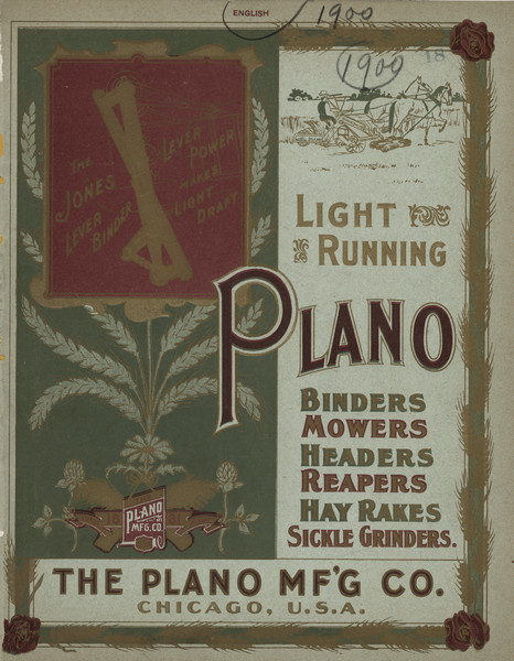 Cover for Light Running Plano binders, mowers, headers, reapers, hay rakes and sickle grinders. Features an illustration on the top left in gold ink on a red background of "The Jones Lever Binder, Lever Power Makes Light Draft." Another illustration shows a man using a Light Running Plano with a team of two horses in a field.