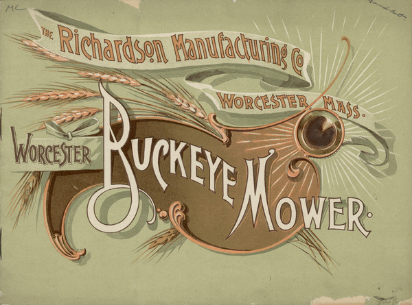 Front cover of catalog for the Worcester Buckeye Mower, with a color illustration of a buckeye nut and stalks of wheat.