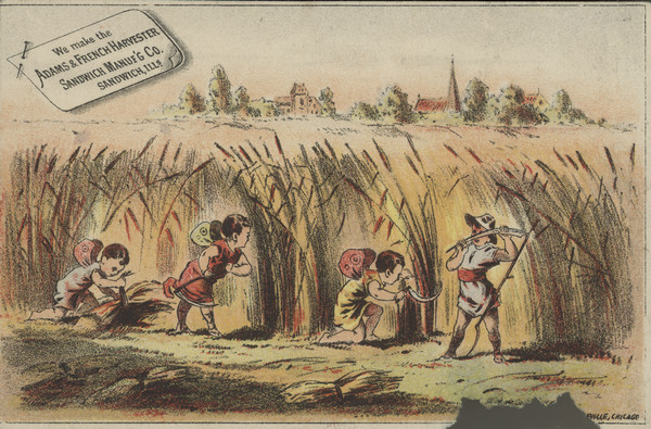 Front of advertising card for Adams & French harvester and self-binding harvesters. Features a color illustration of winged children harvesting in a field.