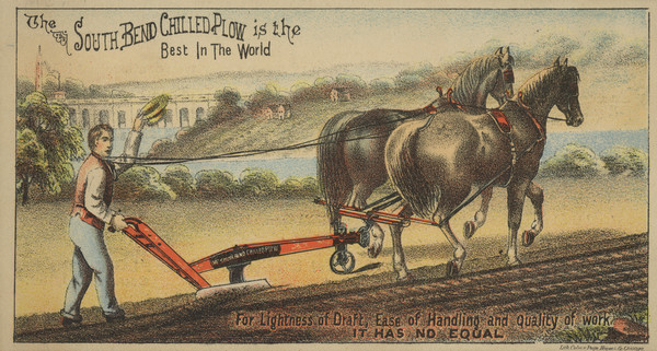Advertising card featuring a color illustration of a man using the plow in a field with a team of two horses.