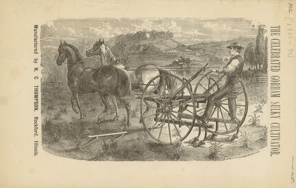 Front page of booklet with an engraving of a man with a team of two horses in a field with the "Celebrated Gorham Sulky Cultivator."