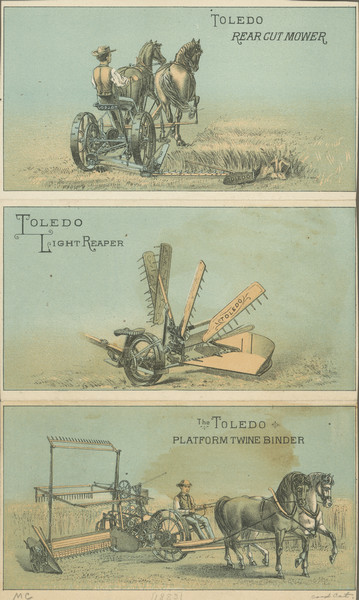 Outside of 6-panel brochure featuring three color illustrations of men using the rear cut mower, light reaper and platform twine binder.