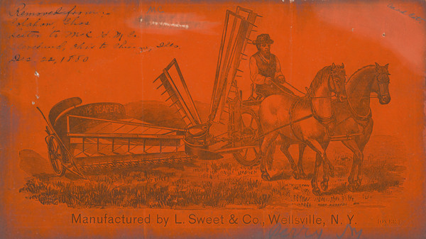 Front of card with an illustration over an orange background of a man using a team of horses to pull a reaper in a field.
