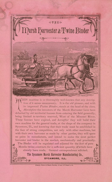 Back page of a four-page brochure. Features an illustration of a man using a horse-drawn harvester in a field.