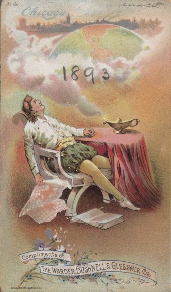 Front cover of a brochure for Champion Mowers and Binders. Features a color illustration of a man reclining in a chair, while holding a large sheet of paper in his hand. There is a golden lamp on the table beside him, a book at his feet. In the clouds above is a globe of the world and above that the skyline of Chicago. The inside sheet of the brochure folds out to become a map of downtown Chicago, including the location of the Warder, Bushnell and Glessner Company office building, and also the World's Fair Grounds.