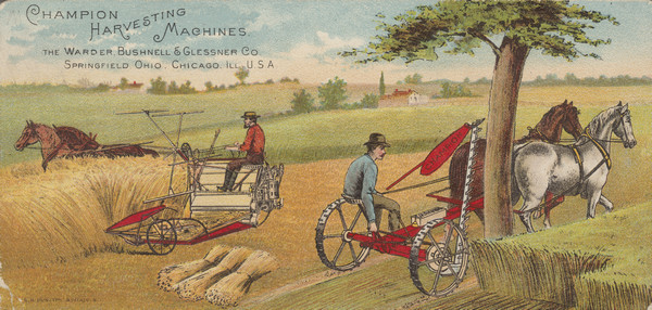 Front of advertising card featuring a color illustration of two men, each using a team of horses in a field to pull harvesting machines.