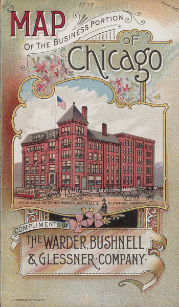 Front cover of a brochure for Champion Mowers and Binders. Features a color illustration of the office building of the Warder, Bushnell and Glessner Company. The inside sheet of the brochure folds out to become a map of the business portion Chicago.
