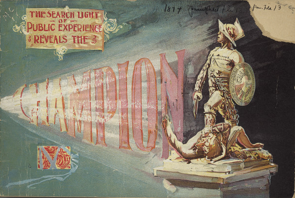 Front cover with color illustration reads: "The Search Light of Public Experience Reveals the Champion." To the right, on a pedestal, is the figure of a man in armor holding a sword and shield standing over a fallen man who is lying at his feet.