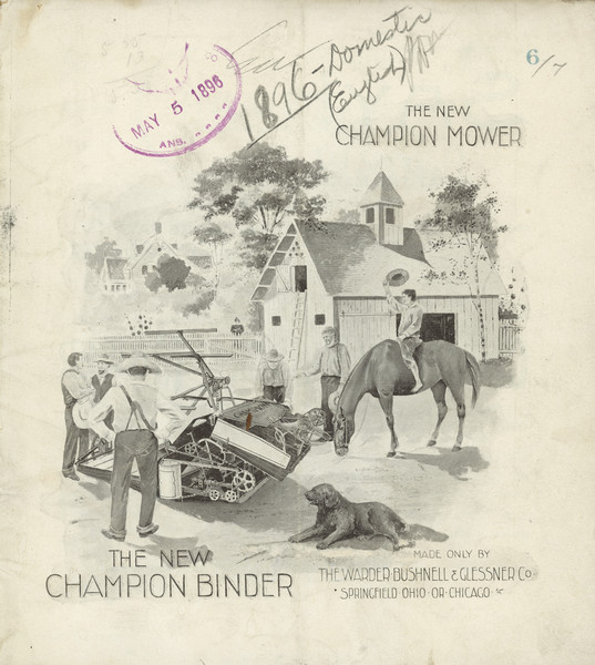 Front cover of catalog featuring an illustration of a group of men looking at a Champion Mower in the barnyard of a farm. There is a dog in the foreground, and a man is sitting on horseback nearby. In the background is a woman standing behind a fence looking at the group of men.