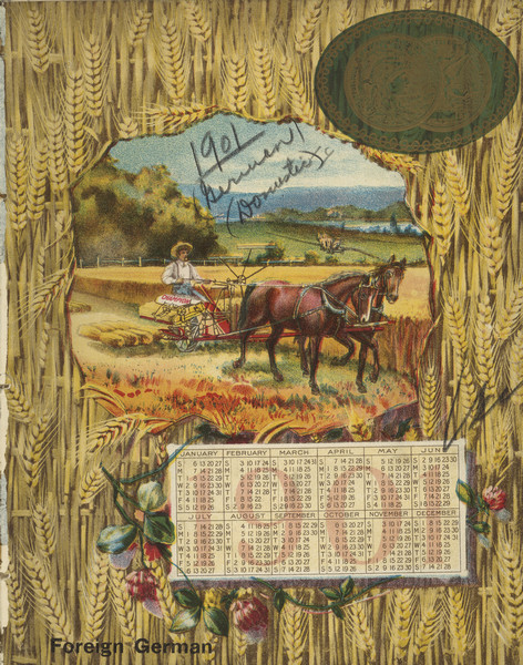 Front cover featuring a color illustration of wheat, clover flowers, and a calendar for 1901, around an inset illustration of a farmer working in a field with a horse-drawn Champion binder.