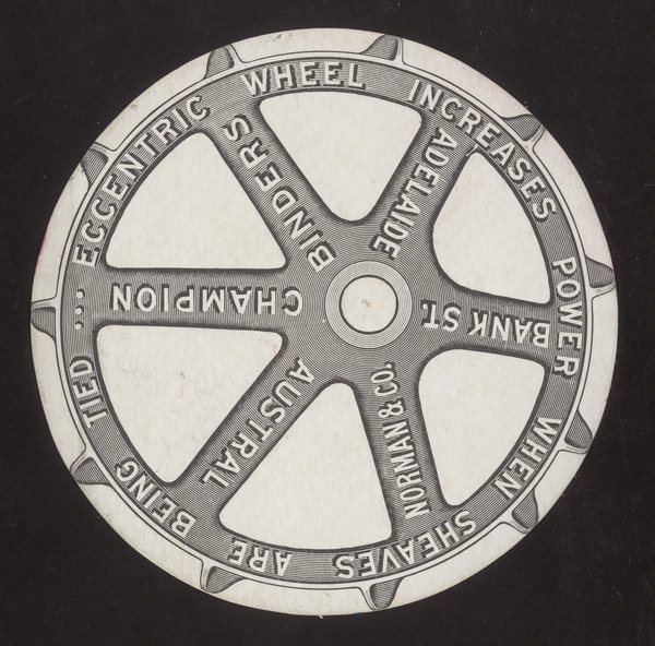 Round card with an illustration of an eccentric wheel, with text around the edges that says: "Eccentric wheel increases power when sheaves are being tied."