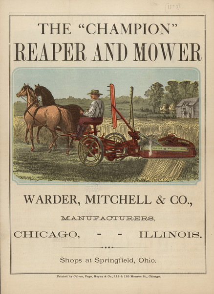 Front page featuring a color illustration of a man using the reaper and mower in a field with a team of two horses.