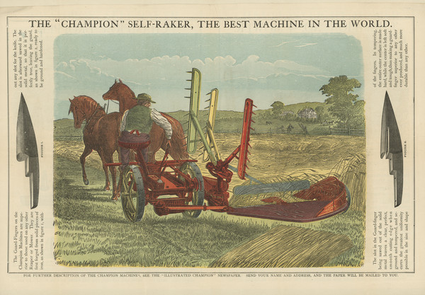 Inside spread featuring a color illustration of a man using a self-raker in a field with a team of two horses.
