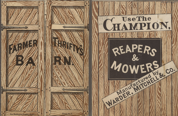 Front and back cover of brochure for Champion Reapers & Mowers. Front cover features flaps illustrated as barn doors that open up to reveal the brochure.