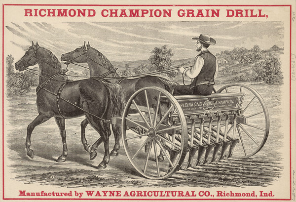 Front page of 4-page advertisement with an illustration featuring a man using a team of horses to pull a grain drill in a field.