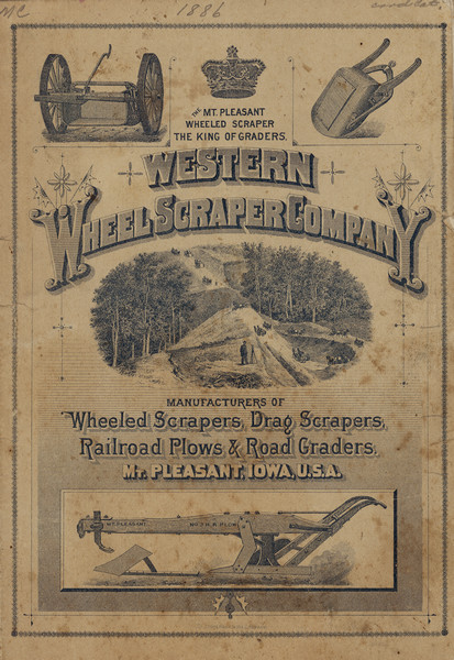 Front cover featuring illustrations of wheeled scrapers, drag scrapers, railroad plows and road graders.
