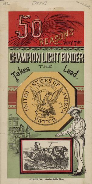 Brochure titled: "50 Reasons Why the Champion Light Binder Takes the Lead." At the bottom is an illustration of a man standing and pointing at an inset illustration of a farmer using a horse-drawn binder in a field.