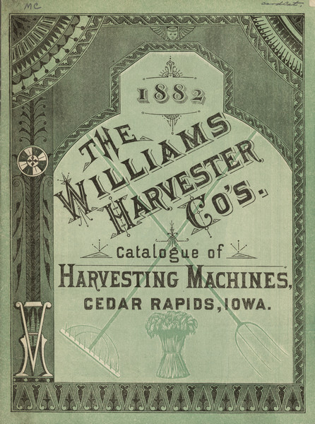 Front cover featuring a rake, pitchfork, and shock of wheat advertising the catalog of harvesting machines.