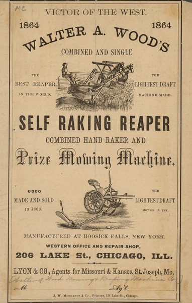 Advertisement for self raking reaper and combined hand raker and prize mowing machine. Includes an illustration of a man using a horse-drawn reaper at the top, and at the bottom an illustration of a mowing machine.