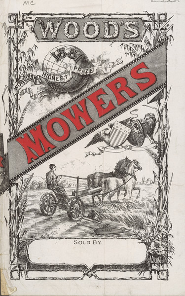 Wood's mowers, featuring an illustration of a man using a team of horses to pull a mower in a field.