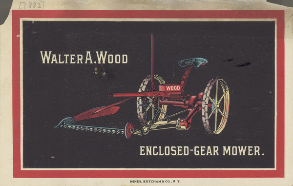 Front of advertising card for the enclosed-gear mower, featuring a color illustration of the enclosed-gear mower on a black background.