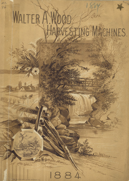 Catalog cover for harvesting machines featuring an inset illustration of a bridge and waterfall, with a foreground illustration of a fence, and a man working in a field near farm buildings in the background.