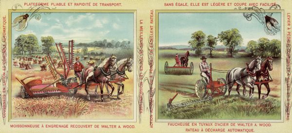 Brochure for the Paris Exposition with text in French. Two inside spreads show a man on the left using a team of two horses to pull a harvesting machine in a field. On the right a man uses a team of two horses to pull a mower, and behind him a woman is using a horse to pull a rake. In the top left and top right corners are insects with a flourish decoration.