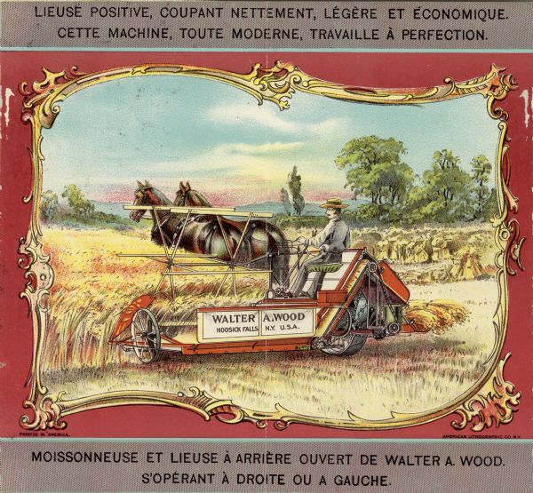 Inside spread of brochure, with French text, and a color illustration of a man using a harvesting machine in a field with a team of horses.