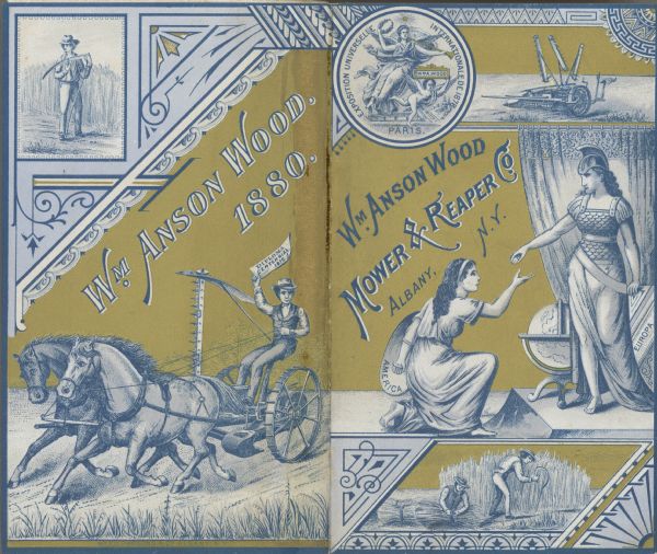 Front and back cover with gold and blue ink. On the front cover a woman representing Europa is giving a coin to another woman representing America. Other illustrations show men working in fields with scythes, and another man using a moving machine in a field with a team of two horses. The top left corner of the cover has a depiction of a medal.