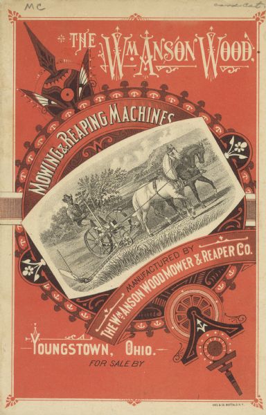 Front cover of catalog for mowing and reaping machines. The cover has a red and black design surrounding a tilted inset illustration of a man using a mower in a field with two horses.