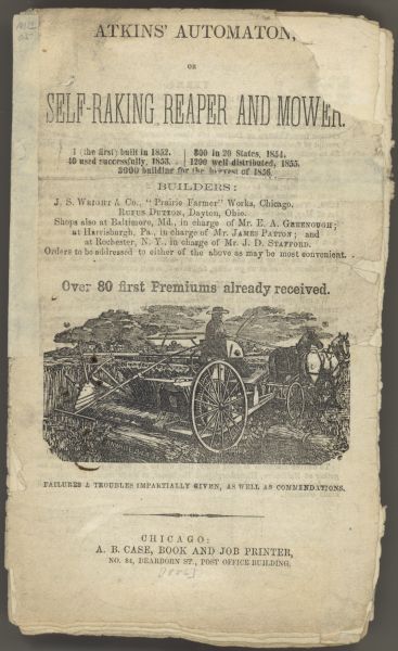 Page from catalog for Atkins' Automaton, or self-raking reaper and mower. Features an illustration of a man using a team of two horses to pull the machinery in a field.