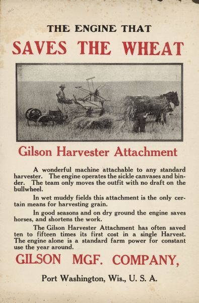 Front page of Gilson Manufacturing Company brochure, with the title: "The engine that saves the wheat." Features an image of two men using the attachment in a field with a team of horses.
