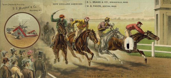 Color illustration, across 4 panels of the brochure, titled "Triumph Wins." A group of jockeys are racing horses on a racetrack, with a group of people watching in the left foreground. There is a circular inset illustration of a Triumph harvesting machine.