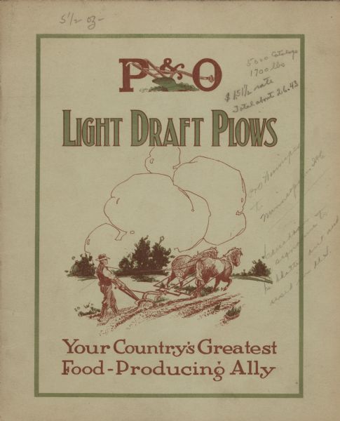 Catalog cover featuring an illustration of a man using a hand plow with a team of two horses in a field.