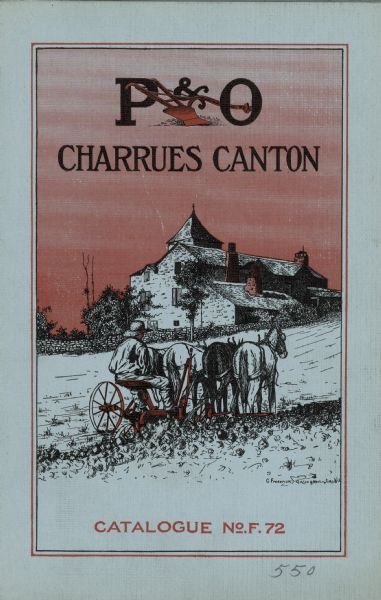Catalog cover featuring an illustration of a man on a plow using a team of horses to work in a field. A large building is in the background.