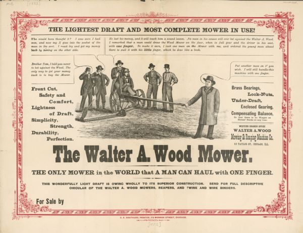 "The lightest draft and most complete mower in use!" Features an illustration of a man pulling the mower, with two men sitting on it. Includes the text: "The only mower in the world that a man can haul with one finger."