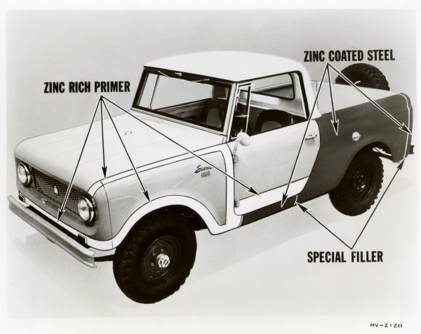 International Harvester Scout Improvement photograph. Original caption reads: "Photograph MV-2128-- To extend the life of sheet metal used in the Scout, manufactured by International Harvester, three new rust-proofing measures have been incorporated. Zinc richer primer is applied generously to areas shown in white: at bottom of grille panel, along top, bottom edge and rear of front fenders, and at bottom of outer door panels. The areas shown in dark tone-- rocker panels, body rear side panels and rear fender caps-- are all made of highly rust-resistant zinc-coated steel. And third, a special filler is used at sheet metal joints to seal against entry of water and to improve paint-holding ability. MT-2500."