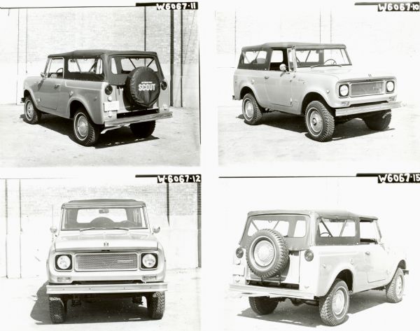 Four outdoor views showing the International Harvester Scout Safari from multiple angles. Negative numbers include W6067 10, W6067 11, W6067 12, W6067 15.