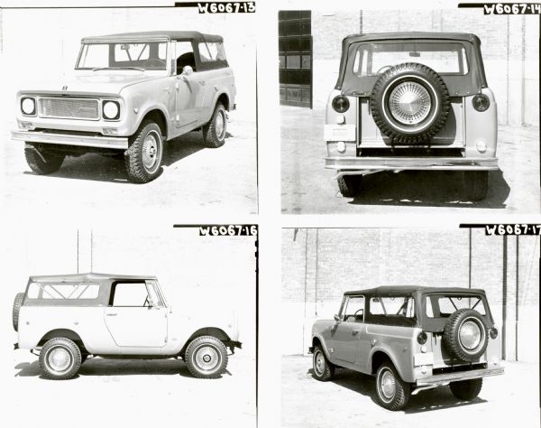 Four outdoor views showcasing the International Scout Safari parked in an urban setting. Negative numbers include W6067 13, W6067 14, W6067 16, W6067 17.