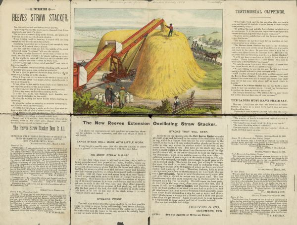 Advertising brochure for the Reeves Extension Oscillating Straw Stacker, with testimonial clippings. Features a color illustration top center, showing a man standing on top of a large haystack, with the straw stacker in operation. A group of men and a dog are watching on the left. A boy sits on a fence, and in the background more people watch from a horse-drawn wagon.