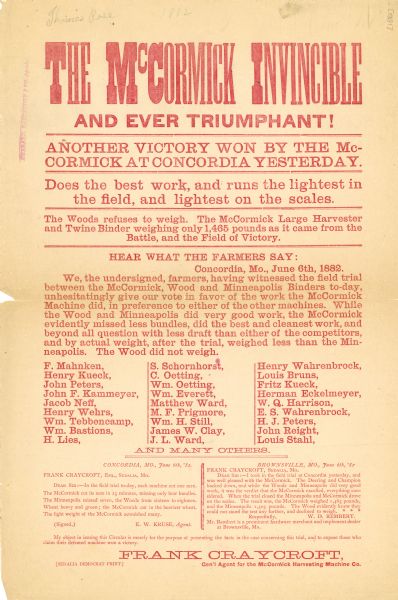 McCormick Harvesting Machine Company flyer describing field trial victory.  The headline proclaims: "The McCormick Invincible and Ever Triumphant!"