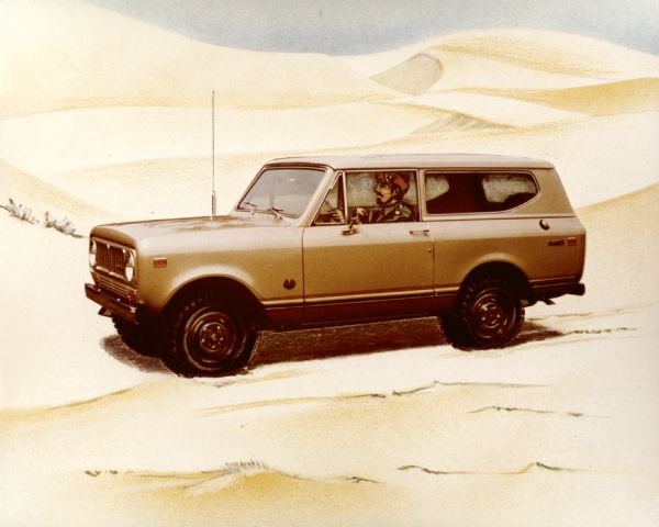 Combination of photograph and colored drawing. "International Scout pictured traversing a Middle Eastern desert." (According to the collection description.)