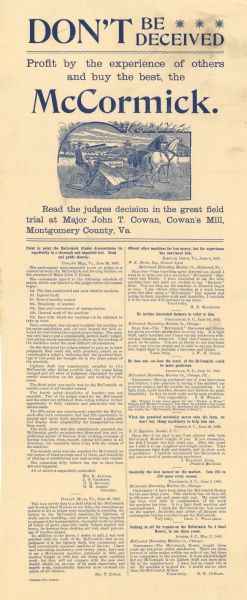 Flyer describing field trial victories by the McCormick binder.  Features a small illustration of a farmer using the horse-drawn machine followed by testimonials. The headline reads, "Don't Be Deceived.  Profit by the experience of others and buy the best, the McCormick."