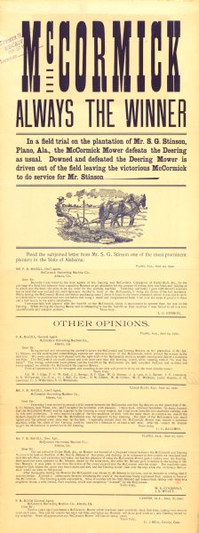 Flyer describing a McCormick Mower field trial victory in Plano, Alabama. Includes a small illustration of a farmer using the horse-drawn mower under the headline "McCormick always the winner."